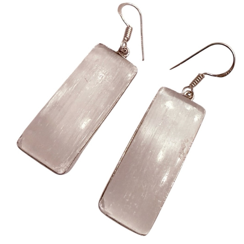 Selenite Sterling Silver Earrings, Unworn, For Pierced Ears, 2.2” Long NEW‎